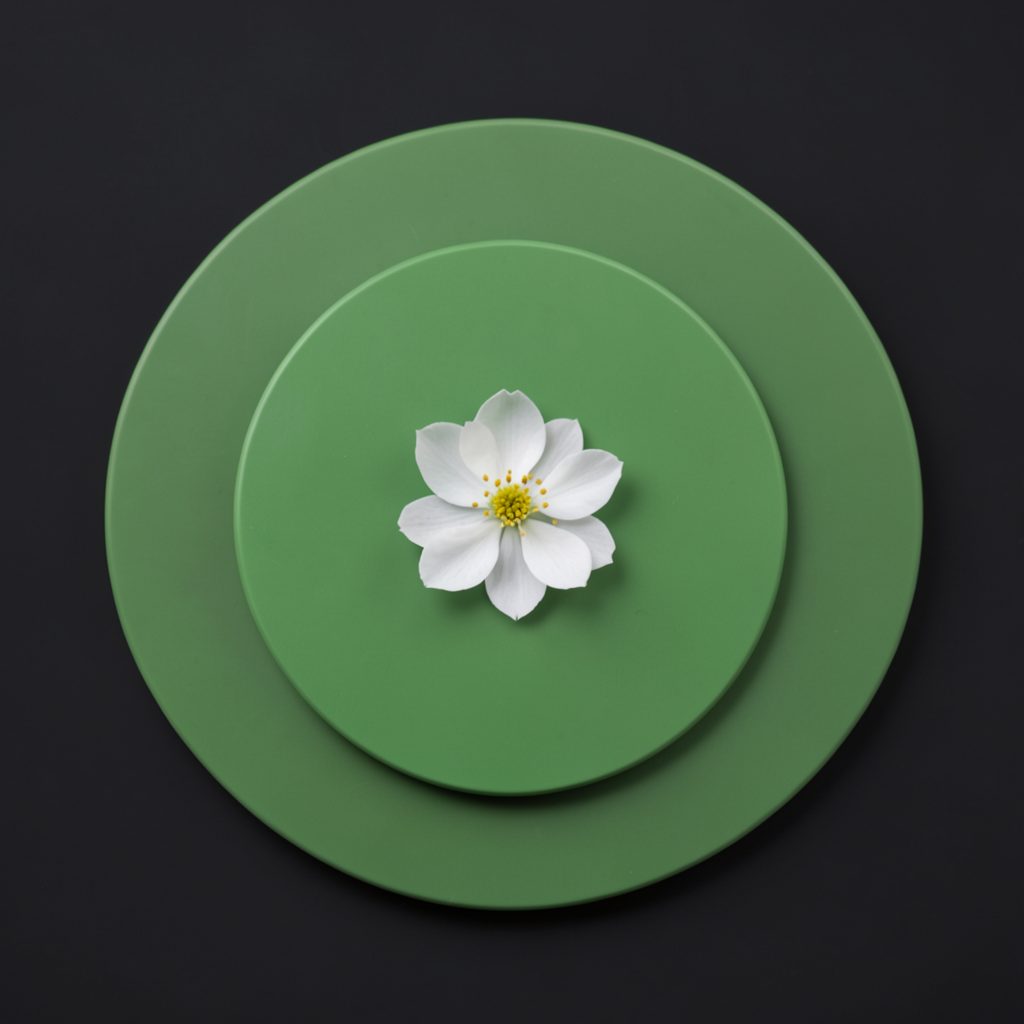 Circular green emblem with a delicate white flower bloom at center, set against a dark background