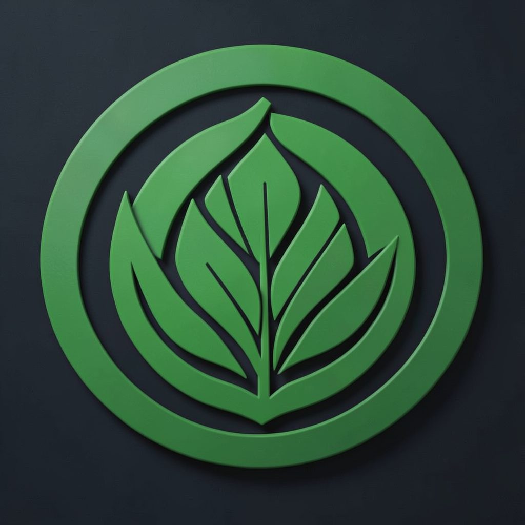 Circular green emblem with layered leaf motif on a dark background