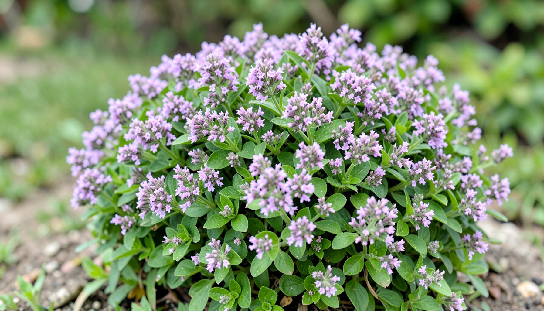Compact mound of green leaves topped with dense clusters of small lavender-pink flowers