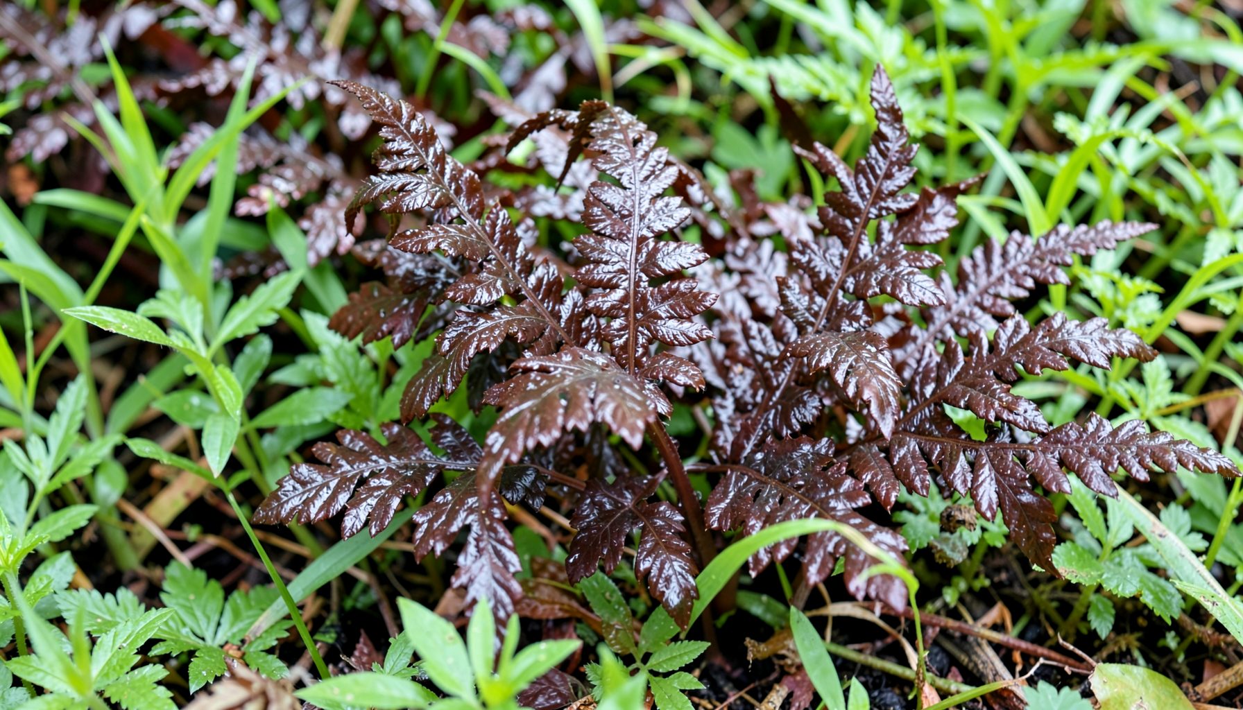 Dark chocolate-brown fern fronds with a silvery sheen, emerging among green companion plants