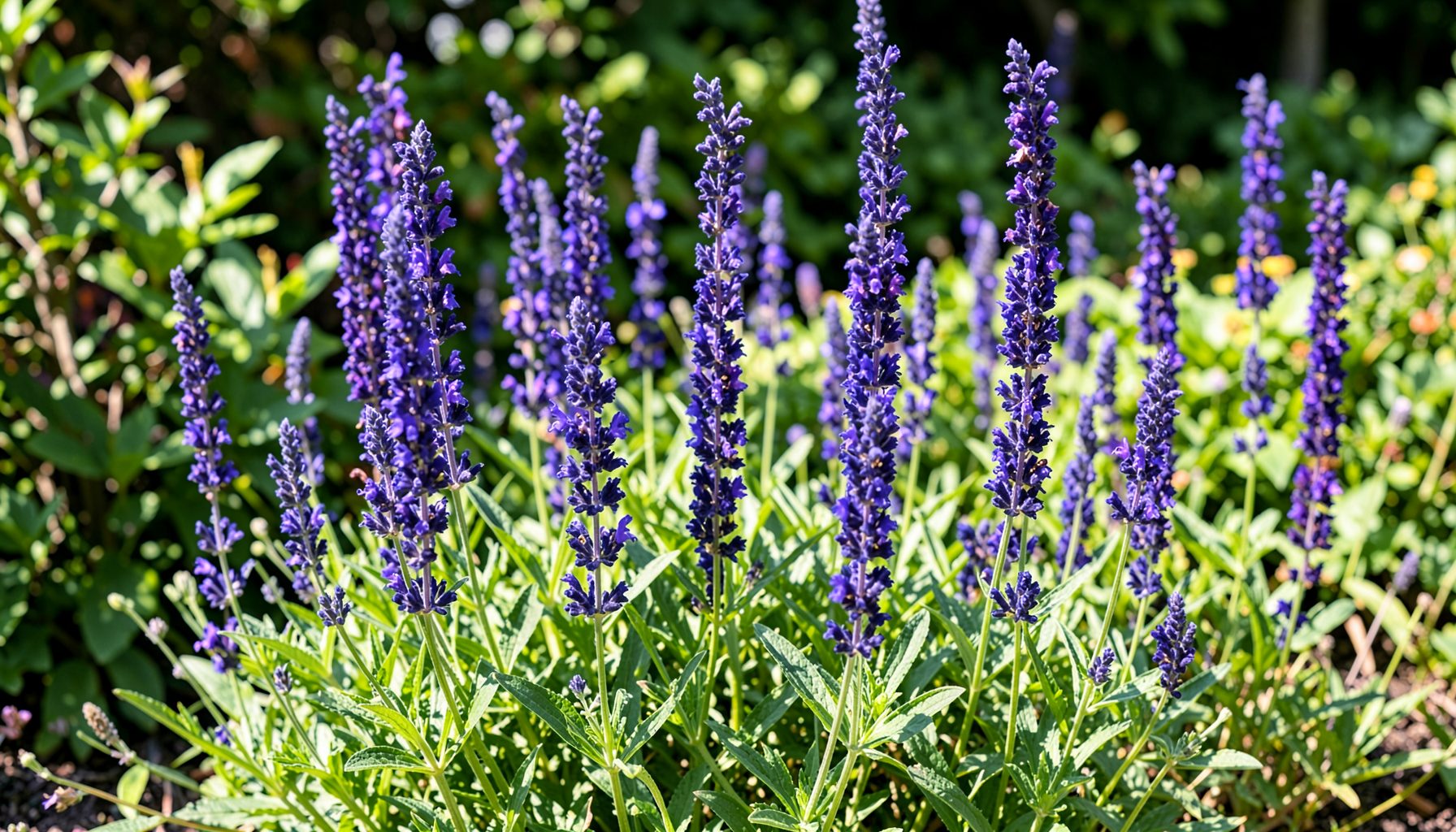 Tall spikes of deep violet-blue flowers rising above aromatic green foliage in a sunny garden bed