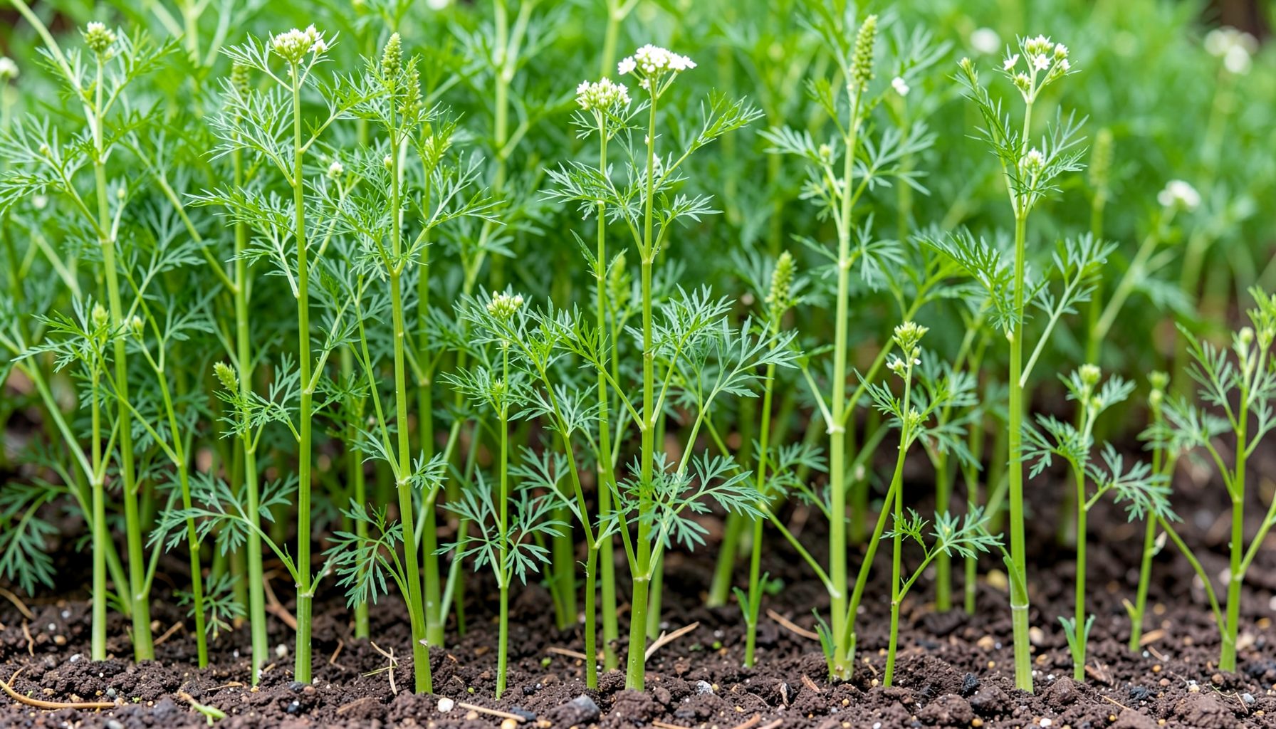 Upright green stems with feathery foliage and small white flowers, edible spears emerging from soil